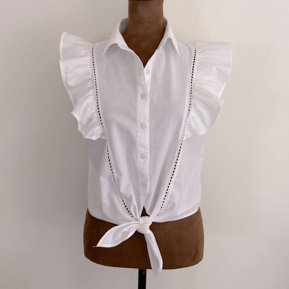 Sim & Sam WHITE POPLIN TIE FRONT RUFFLE TOP - Picture 6 of 9